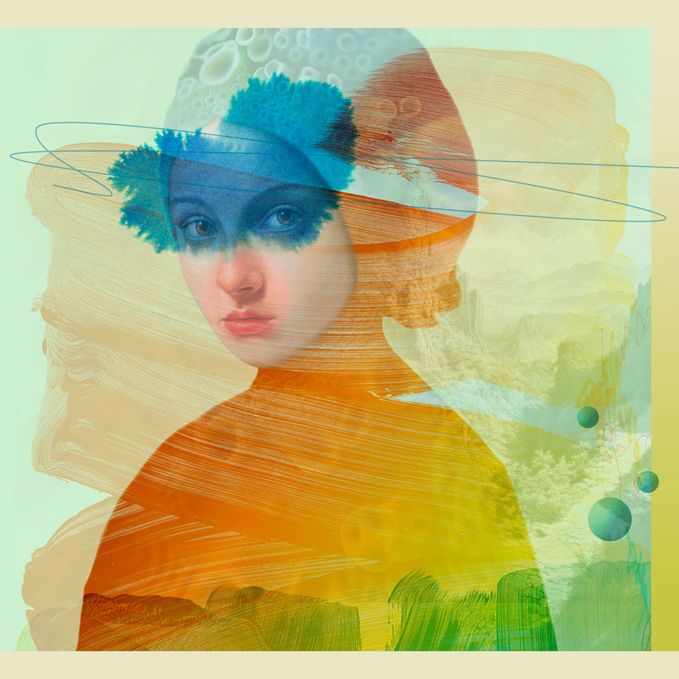 Digital Collage of a painted portrait combined with transparent overlays of sea anemones, bold brushstrokes and ink blobs