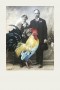 Druck einer Photographie von Brautpaar mit gemaltem Altenglischer Kämpfer Hahn Vogel Portrait