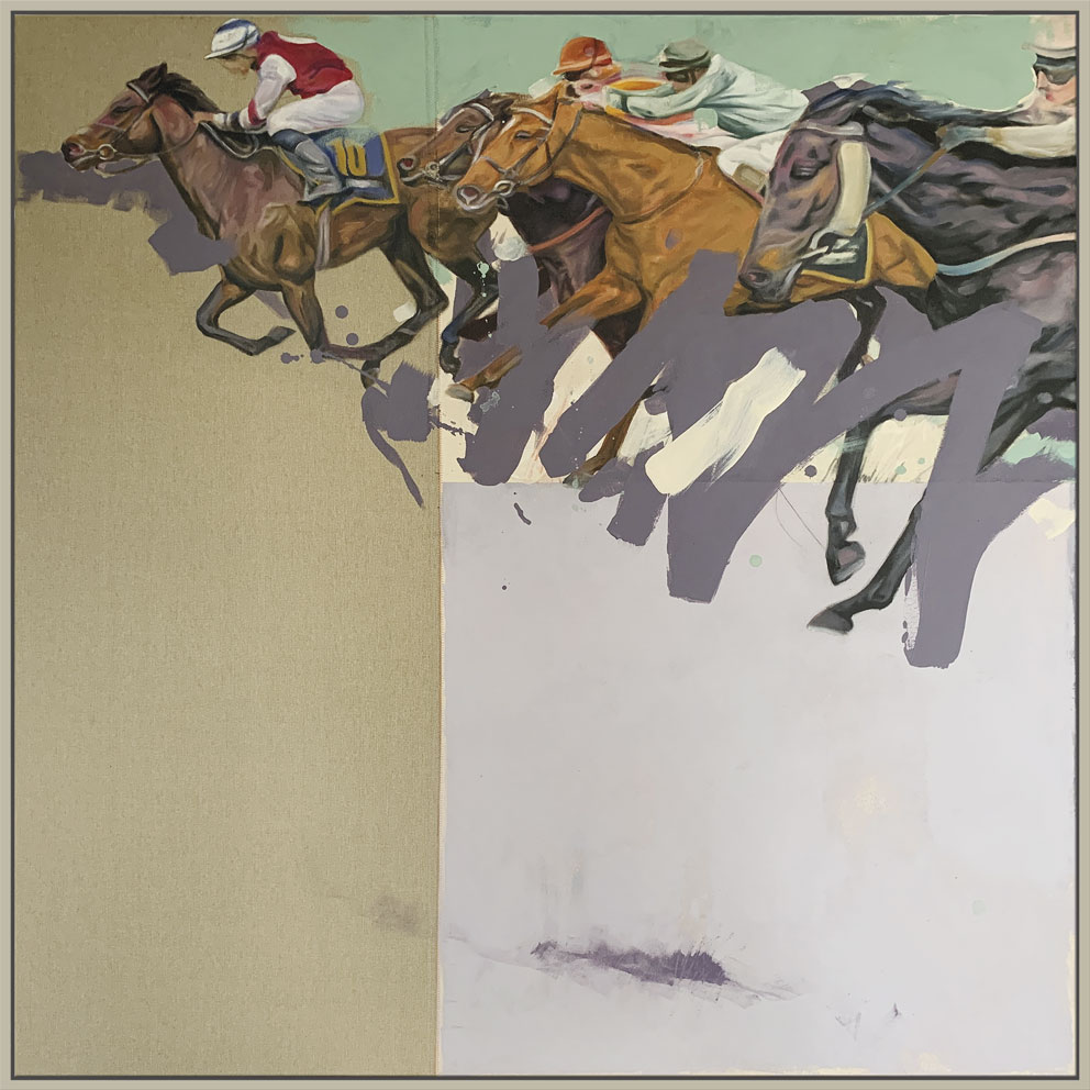 Mixed Media Gemälde mehrere Pferde bei einem Pferderennen