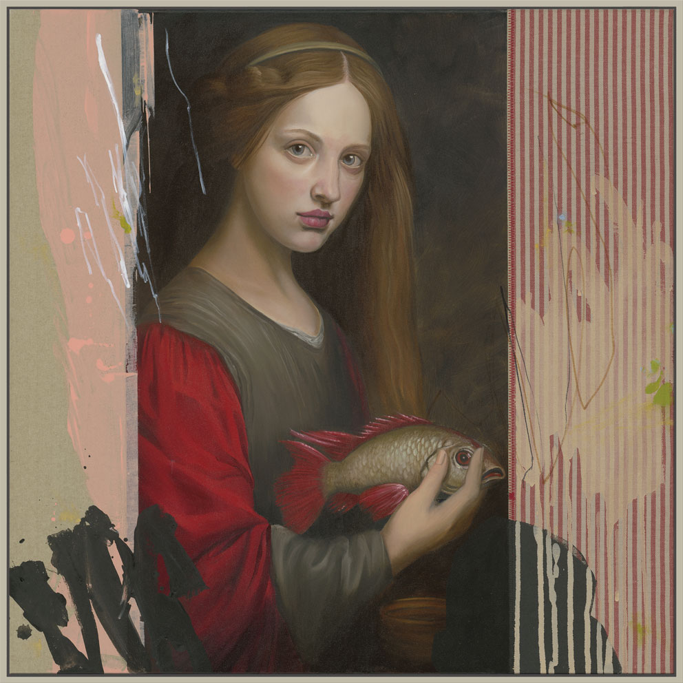 Mixed Media Gemälde eines Mädchens mit Pilzkorb und mit abstrakten Elementen