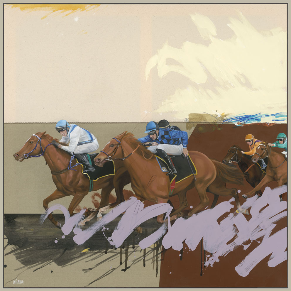 Mixed Media Gemälde diverser Pferde bei einem Pferderennen