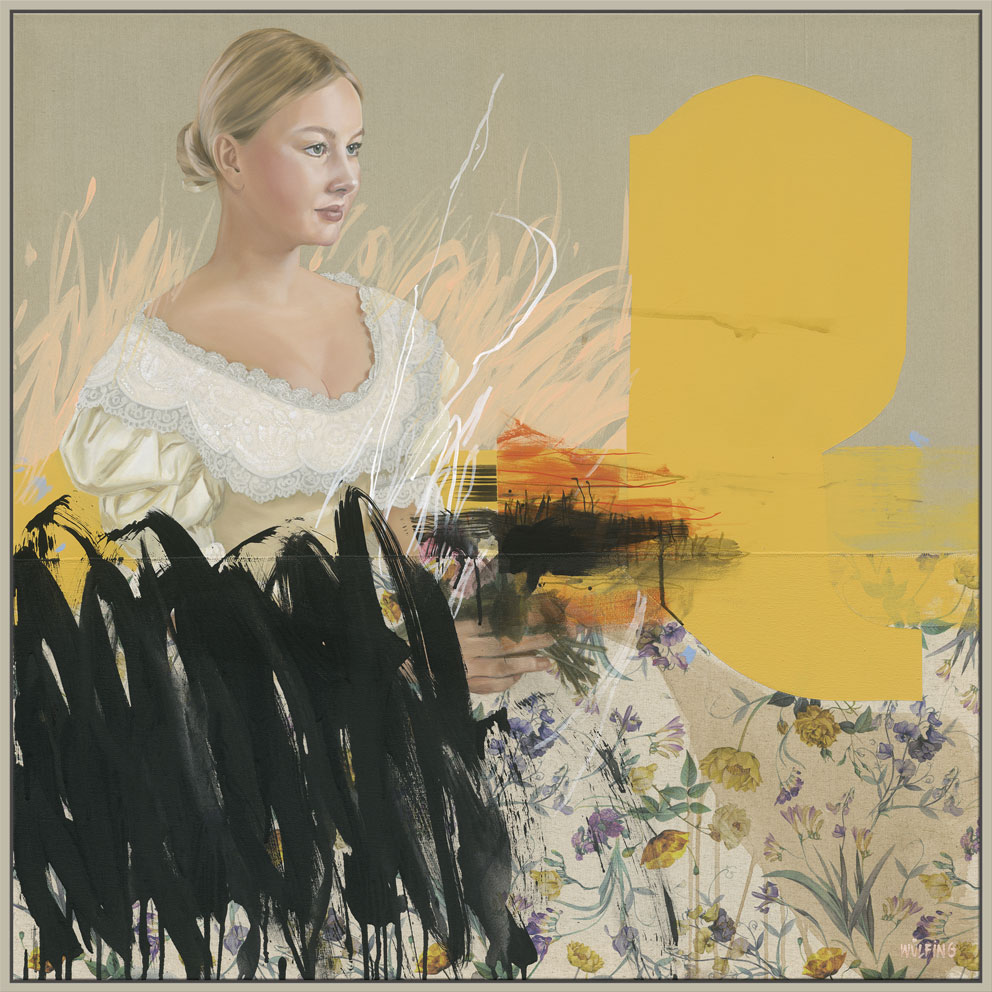 Mixed Media Gemälde mit dem Portrait einer jungen Dame im Abendkleid
