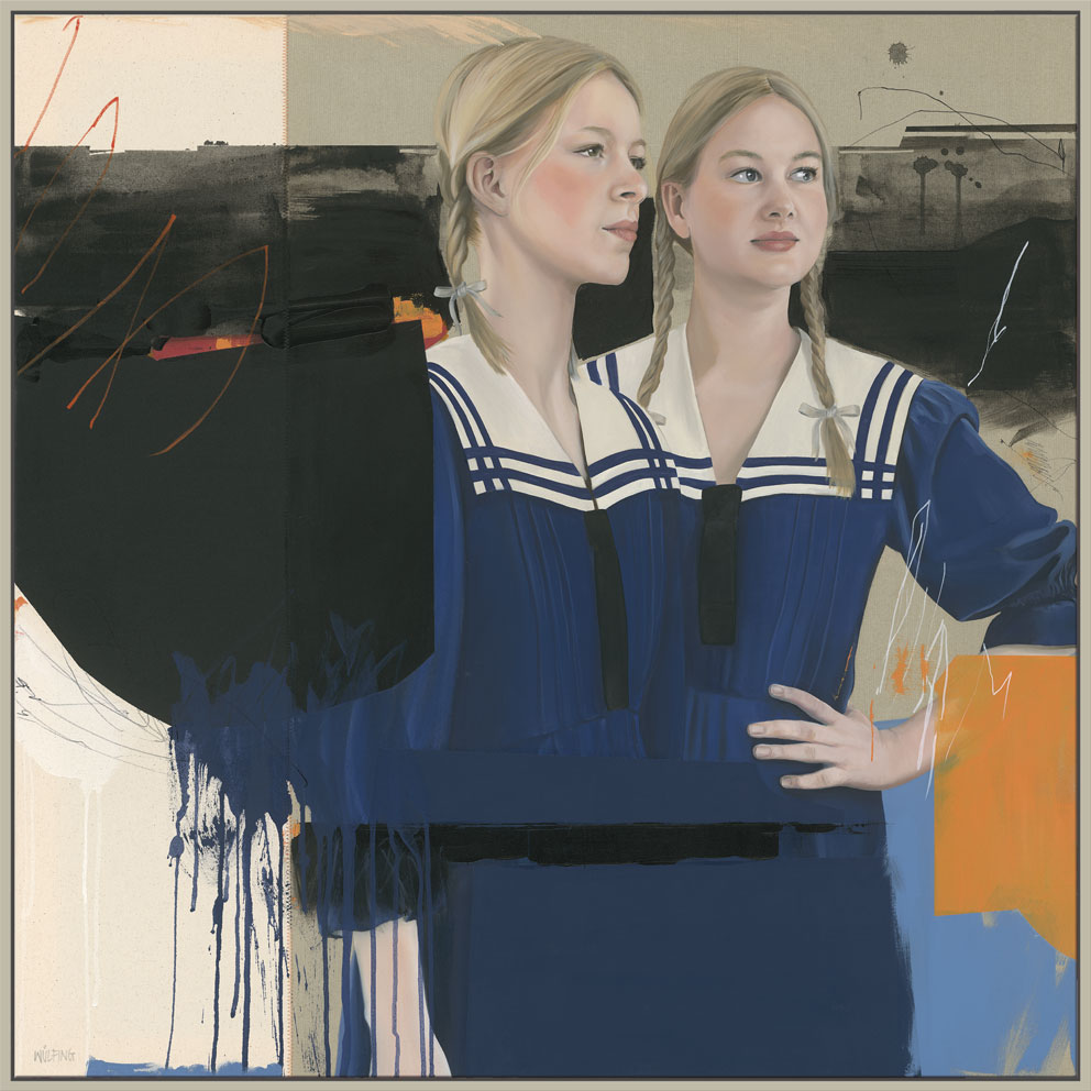 Mixed Media Gemälde mit dem Portrait zweier jungen Dame im Marine  Kleid