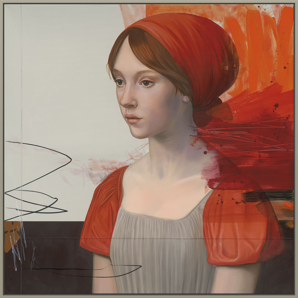 Mixed Media painting of a young woman with red hat and renaissance dress with abstract elements