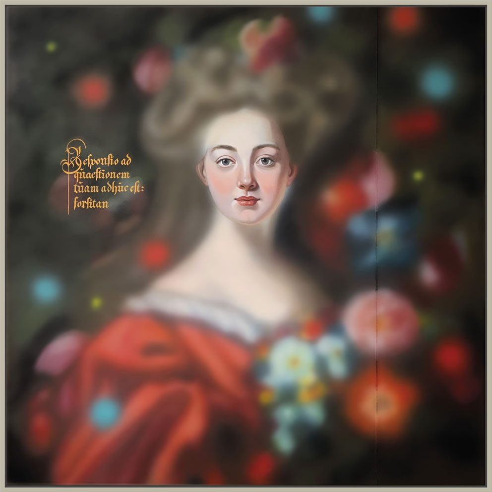 Mixed media painting of a rococo portrait with flowers and blurred background