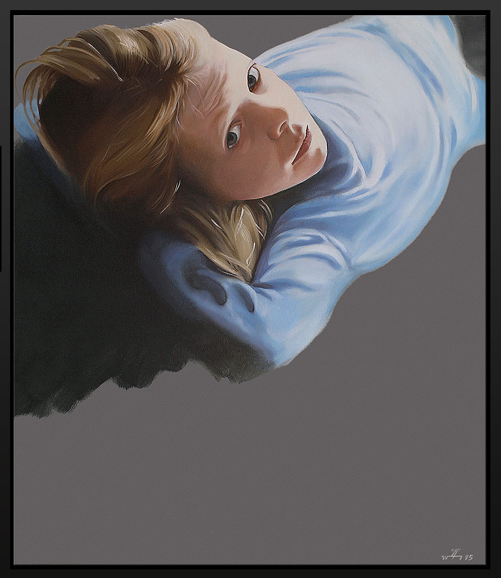Gemälde eines Portraits eines liegenden Mädchens auf grauem Grund