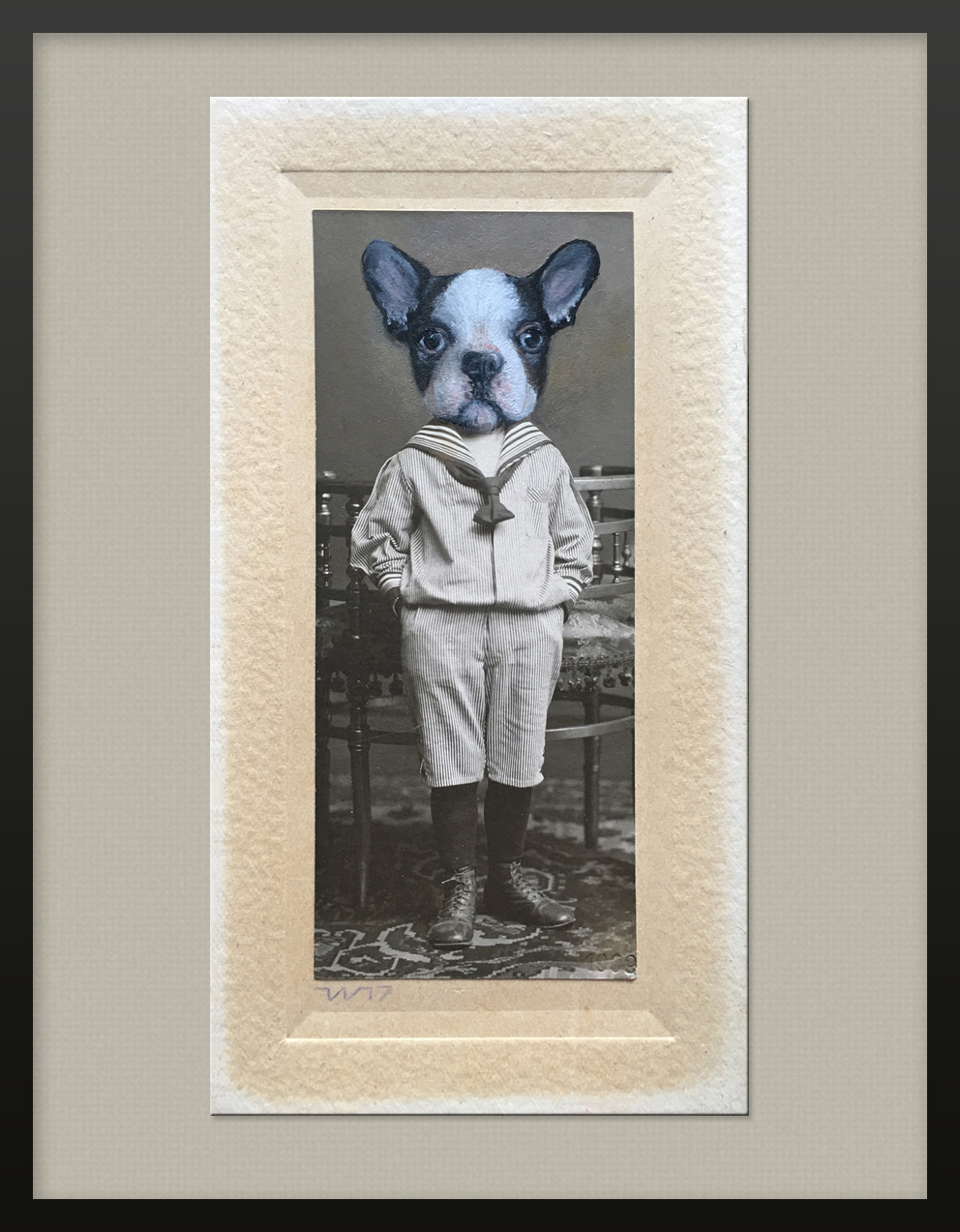 Photographie eines Jungen mit französische Bulldogge Hund Tier Portrait